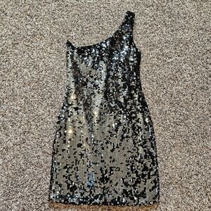 As U Wish Black and Silver Sequin One-Shoulder Dress Medium